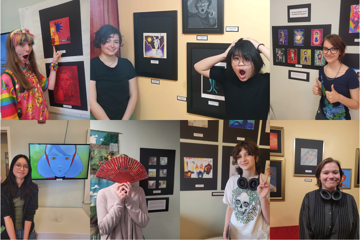 Students with their artwork