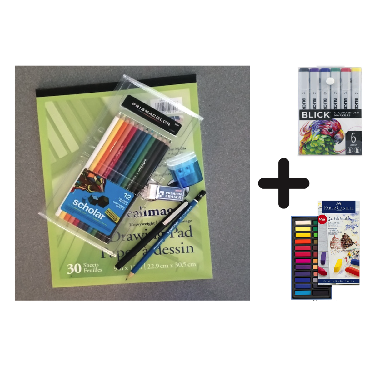 Drawing pad, colored pencils, sharpener, eraser, pen and pencil, markers, kneaded eraser, pastels
