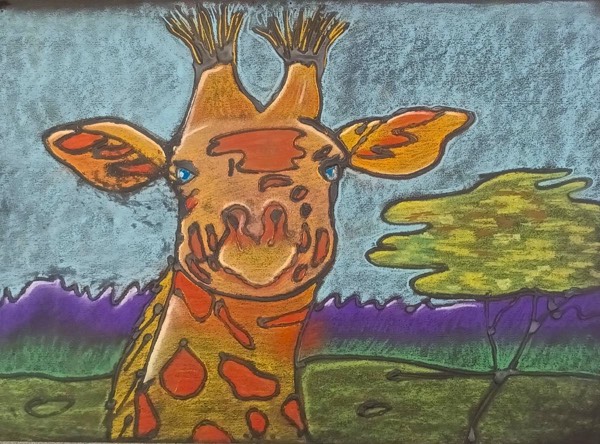Glue line and pastel drawing of a giraffe