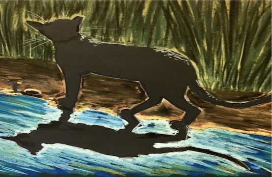 Pastel drawing of a black cat at night