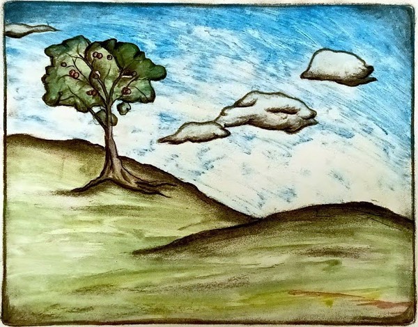 Monotype apple tree on hill with clouds in sky