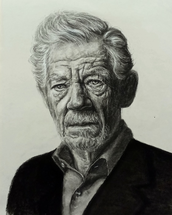 Charcoal portrait of Ian McKellen