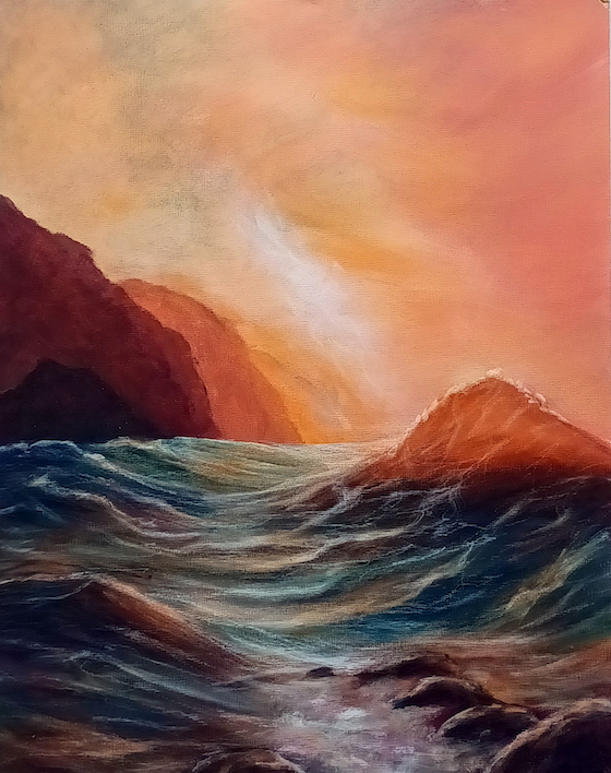 Sunset over water painting